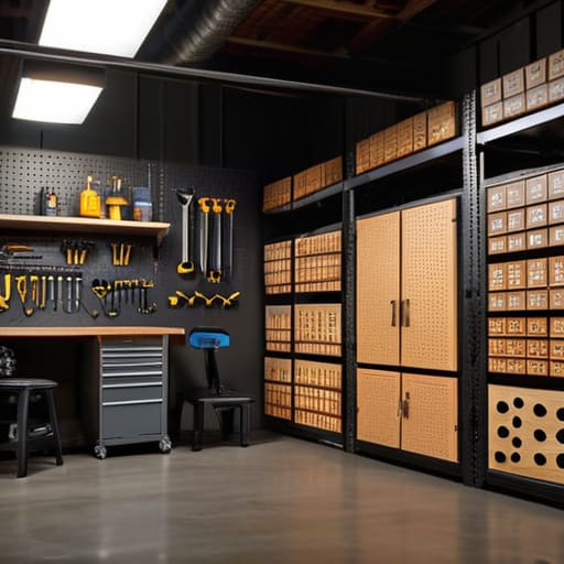 Efficient garage organization for a workshop space.