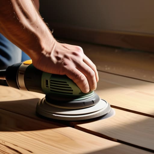 Professional hardwood refinishing process in progress.