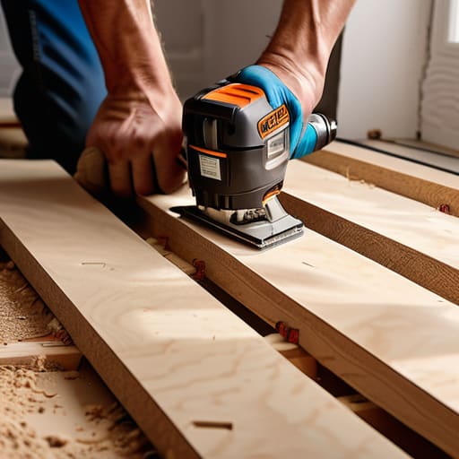Professional technician performing subfloor repair.
