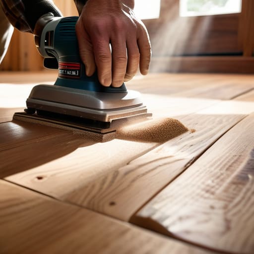Professional hardwood floor refinishing process.